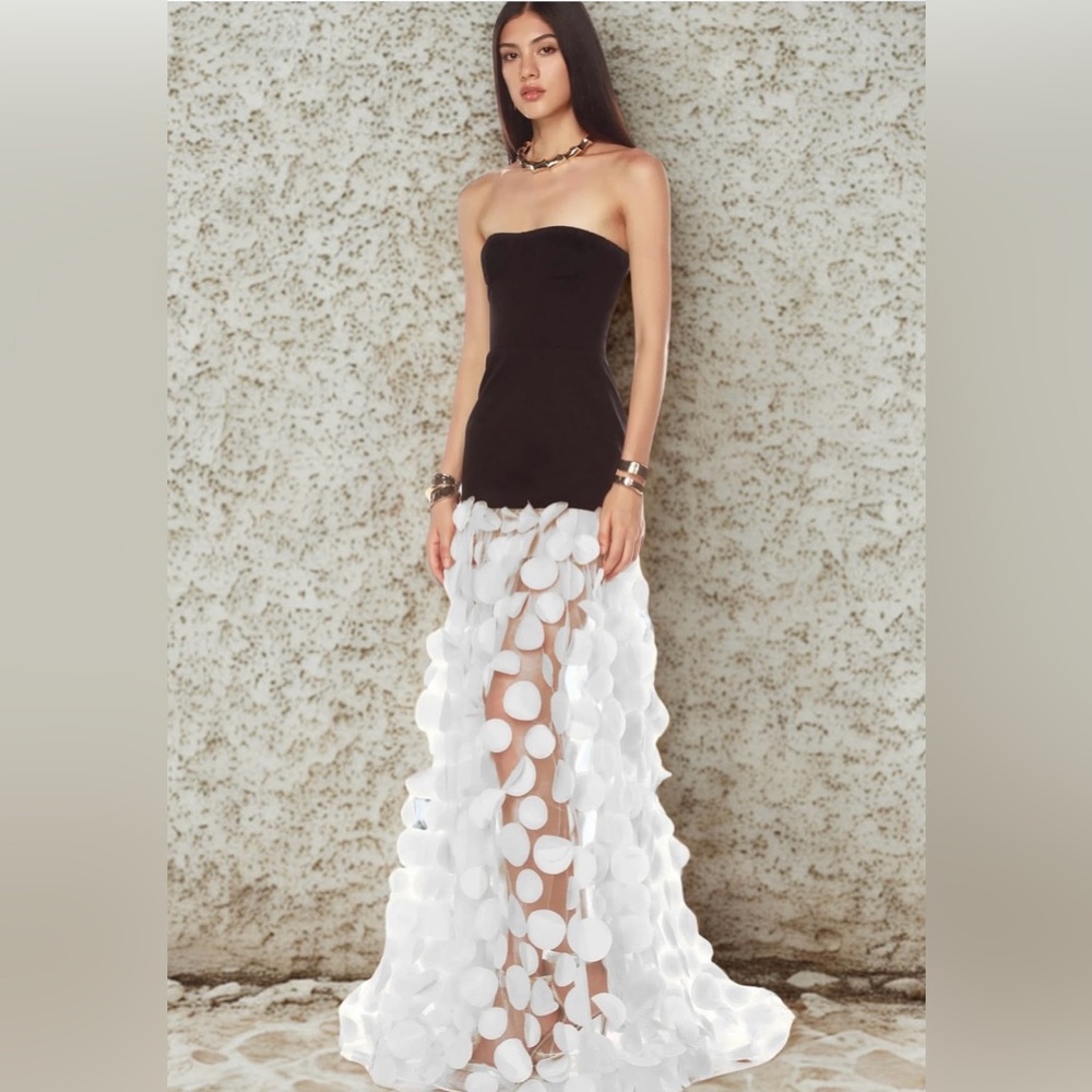 Bronx and Banco Black Strapless Bodice with Cream Appliqué Maxi Skirt - Picture 2 of 13